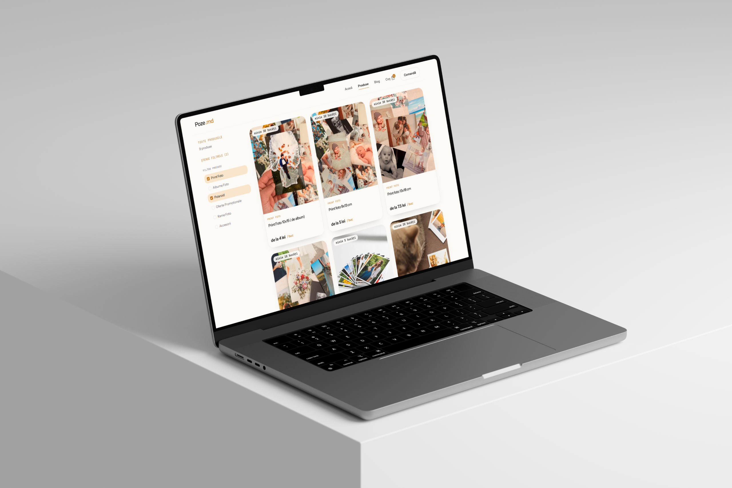 Mockup laptop Poze.md cu pagină de catalog și filtre de produse foto.