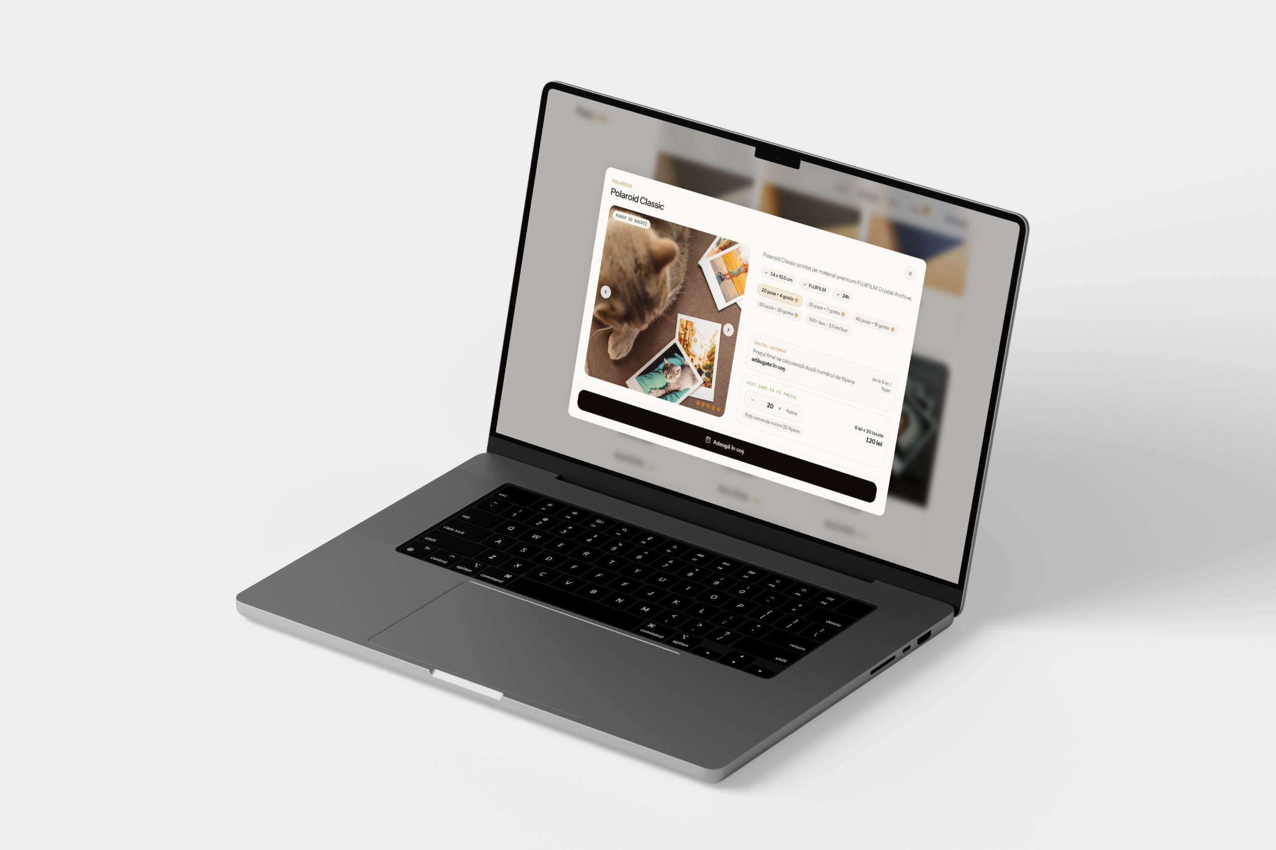 Mockup laptop Poze.md cu configurator de produs pentru personalizare înainte de checkout.